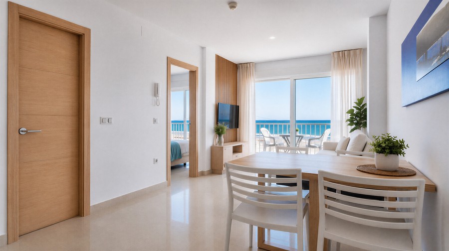 Entrada y salón comedor de un ático con vistas al mar